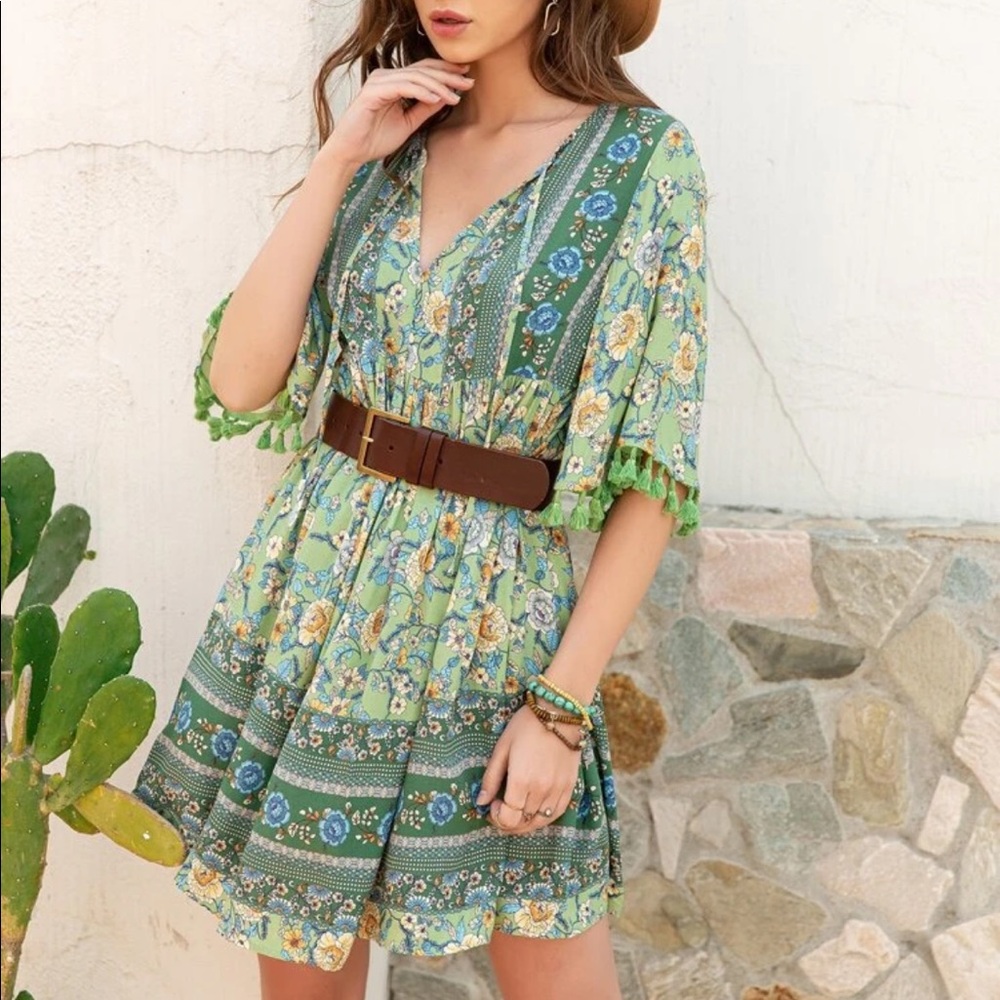 Boho floral print fringe trim dress- BLUE - Picture 11 of 14